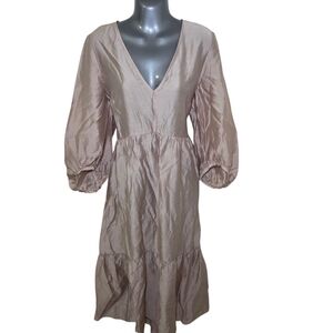 Club Monaco Beige Peasant Midi Dress M Puff Sleeve‎ Tiered Boho Romantic Flowy